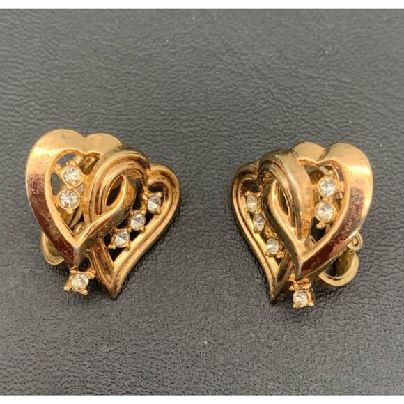 Crown Trifari Gold Tone & Clear Rhinestone Double Heart Clip On Earrings Signed - Picture 1 of 4